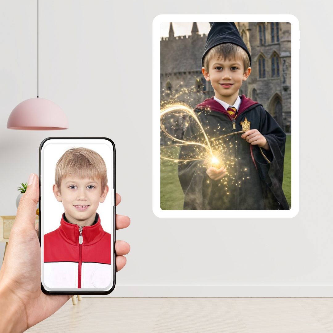 Example of how to upload a boy's photo to create a personalized wizard portrait on a canvas, featuring him dressed in a wizard robe and holding his magic wand, ready to cast a spell