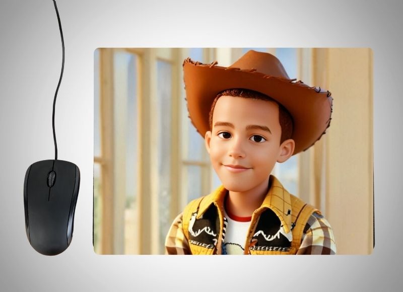 Example of how to upload a boy's photo to create a personalized Woody Cartoon portrait on a mouse mat featuring him as a cheerful cowboy, wearing a cowboy hat, checkered shirt, and boots, standing in a lively Wild West town with a saloon and horses in the background