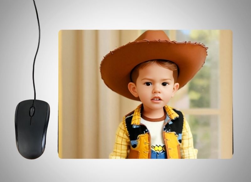 Example of how to upload a toddler boy's photo to create a personalized Woody Cartoon portrait on a mouse mat featuring him as a cheerful cowboy, wearing a cowboy hat, checkered shirt, and boots, standing in a lively Wild West town with a saloon and horses in the background