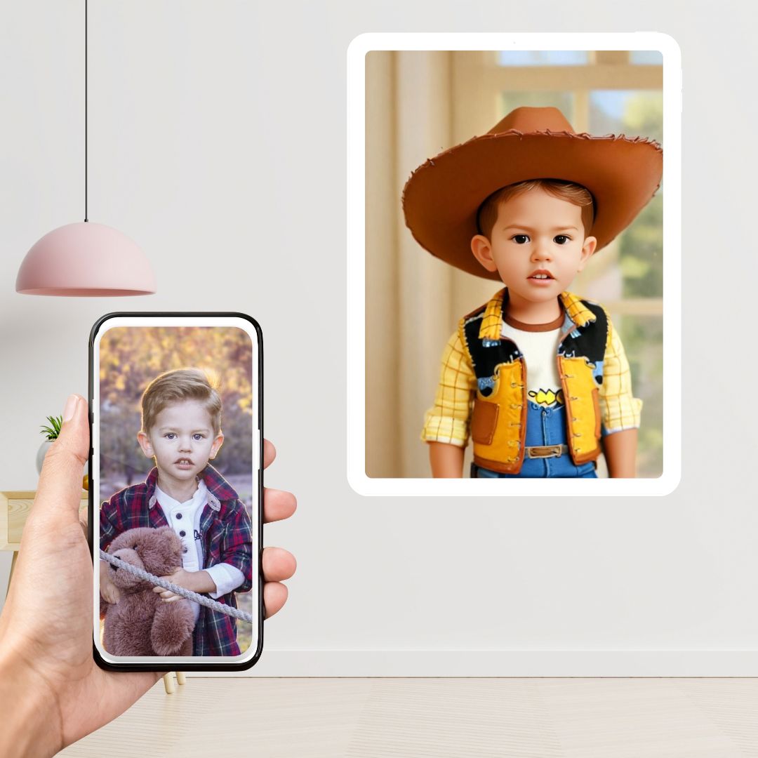 Example of how to upload a toddler boy's photo to create a personalized Woody cartoon portrait on a canvas, featuring him dressed as Woody, ready for an adventure in the Wild West