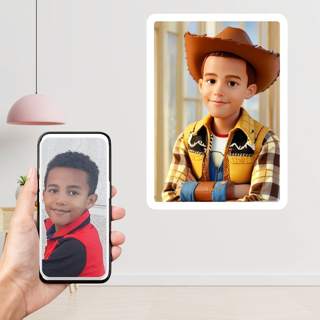 Example of how to upload a boy's photo to create a personalized Woody cartoon portrait on a canvas, featuring him dressed as Woody, ready for an adventure in the Wild West