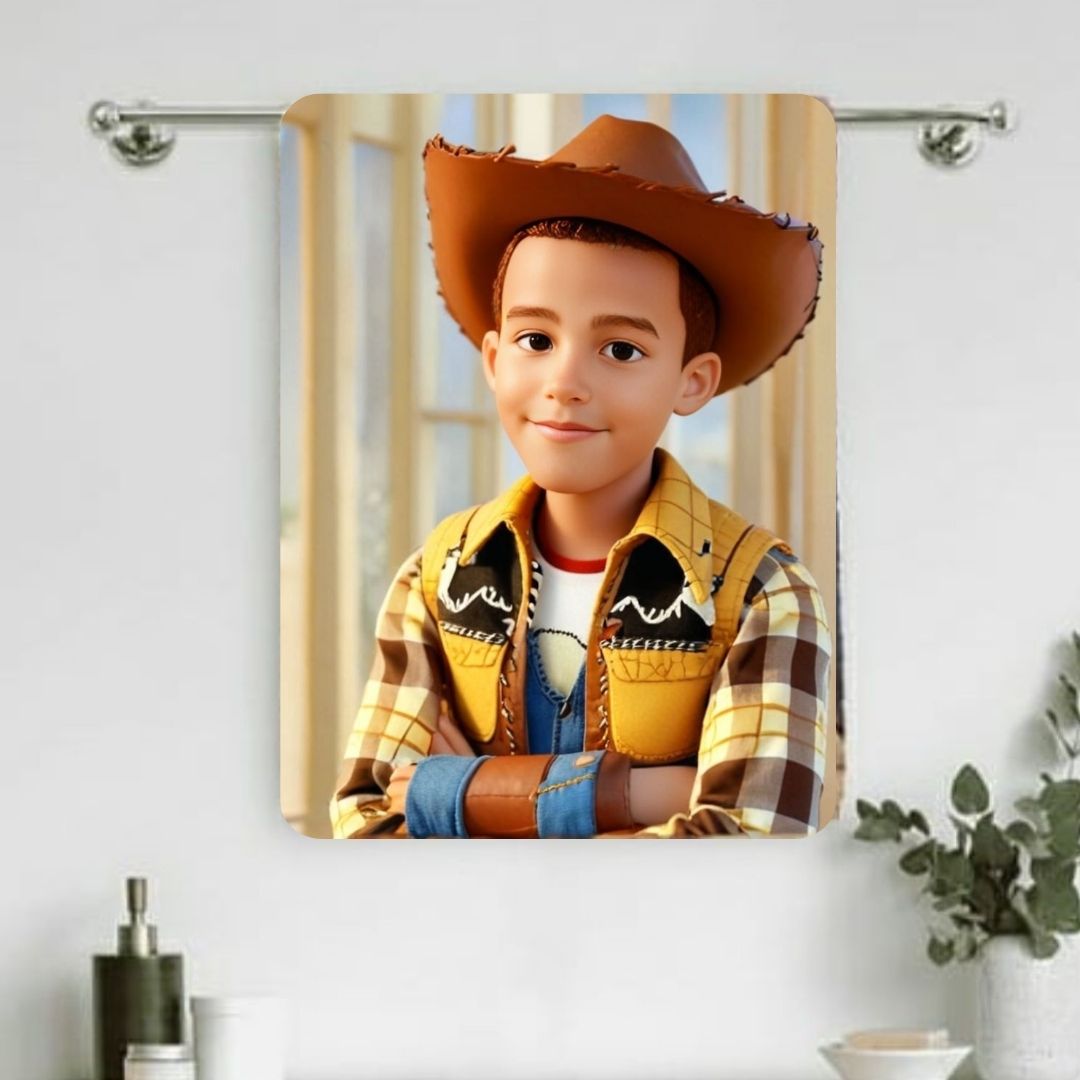 Example of how to upload a boy's photo to create a personalized Woody portrait on a towel, featuring him dressed as Woody, ready for an adventure in the Wild West.