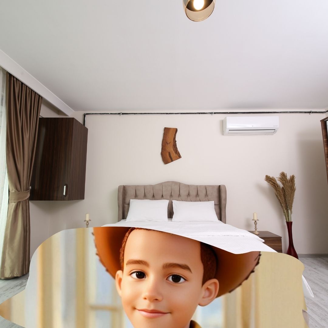 Example of how to upload a boy's photo to create a personalized Woody portrait on a blanket, featuring him dressed as Woody, ready for an adventure in the Wild West