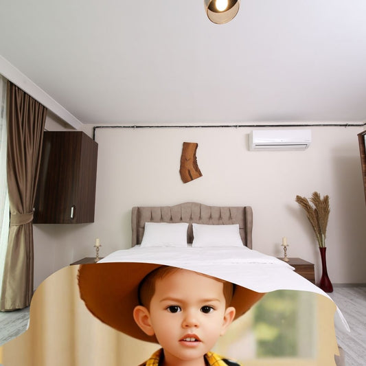 Example of how to upload a toddler boy's photo to create a personalized Woody portrait on a blanket, featuring him dressed as Woody, ready for an adventure in the Wild West