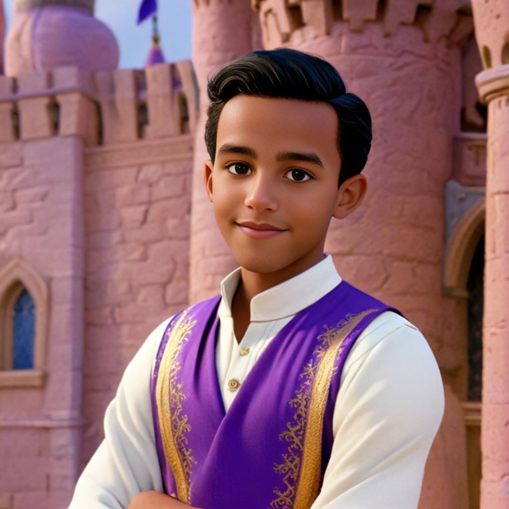 Personalized portrait of a boy dressed as Prince Aladdin, standing in a royal palace