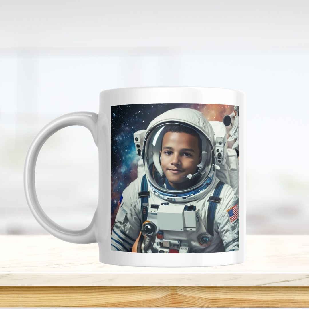 Example of how to upload a boy's photo to create a personalized astronaut portrait on a mug, featuring him dressed as an astronaut floating in space with stars and planets