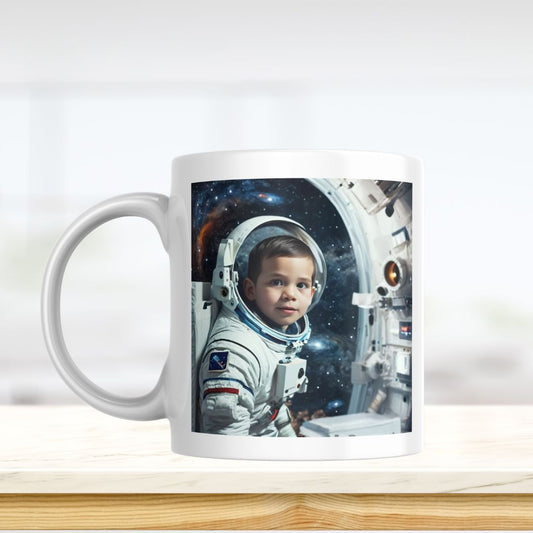 Example of how to upload a toddler boy's photo to create a personalized astronaut portrait on a mug, featuring him dressed as an astronaut floating in space with stars and planets