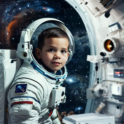 Personalized portrait of a toddler boy dressed as an astronaut, floating in space with a cosmic backdrop.