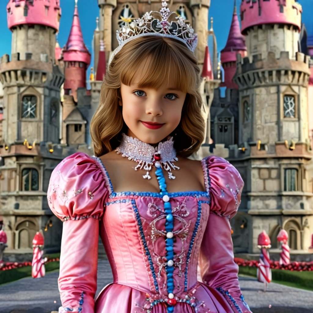 Personalized portrait of a toddler girl dressed as a candy princess in a sweet-themed magical kingdom