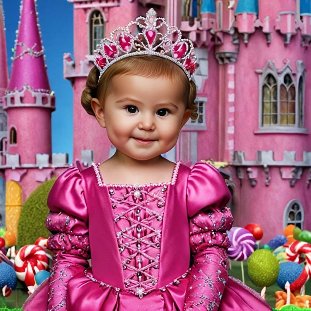 Personalized portrait of a toddler girl dressed as a candy princess in a sweet-themed magical kingdom