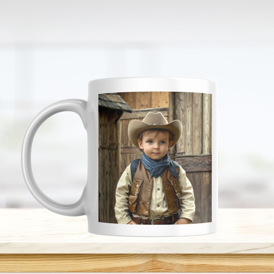 Example of how to upload a toddler boy's photo to create a personalized cowboy portrait on a mug featuring him dressed as a cowboy on a desert ranch