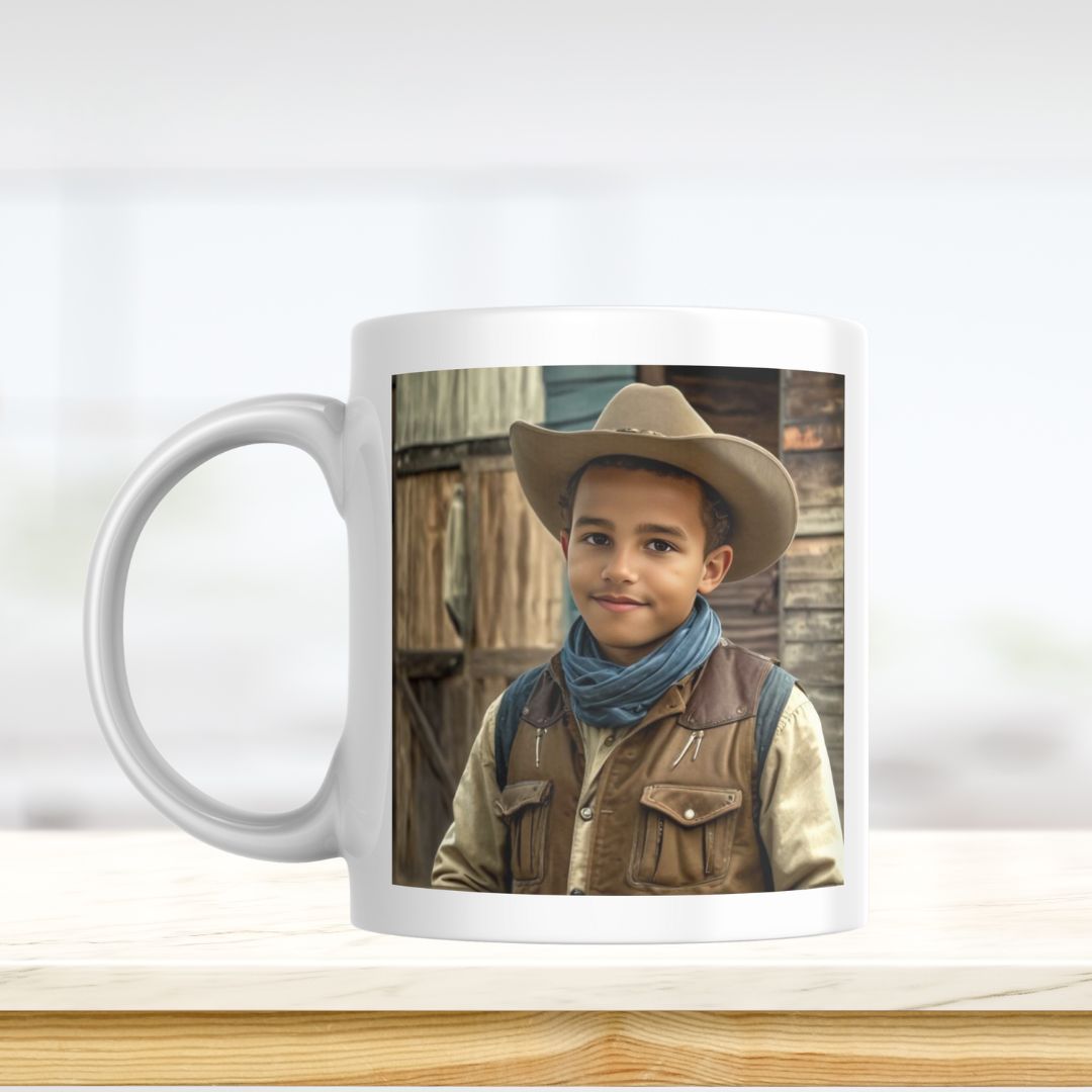 Example of how to upload a boy's photo to create a personalized cowboy portrait on a mug featuring him dressed as a cowboy on a desert ranch