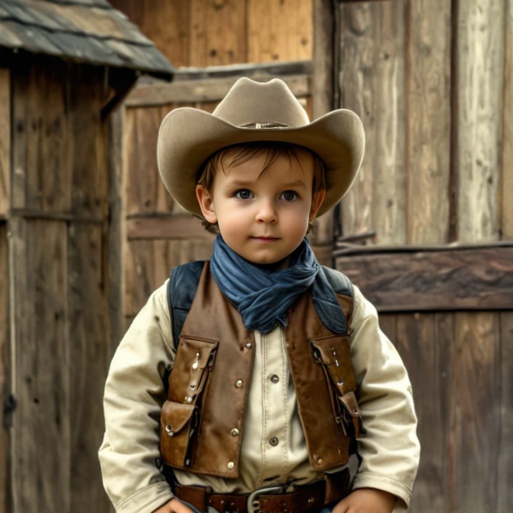 Personalized portrait of a toddler boy dressed as a cowboy on a desert ranch