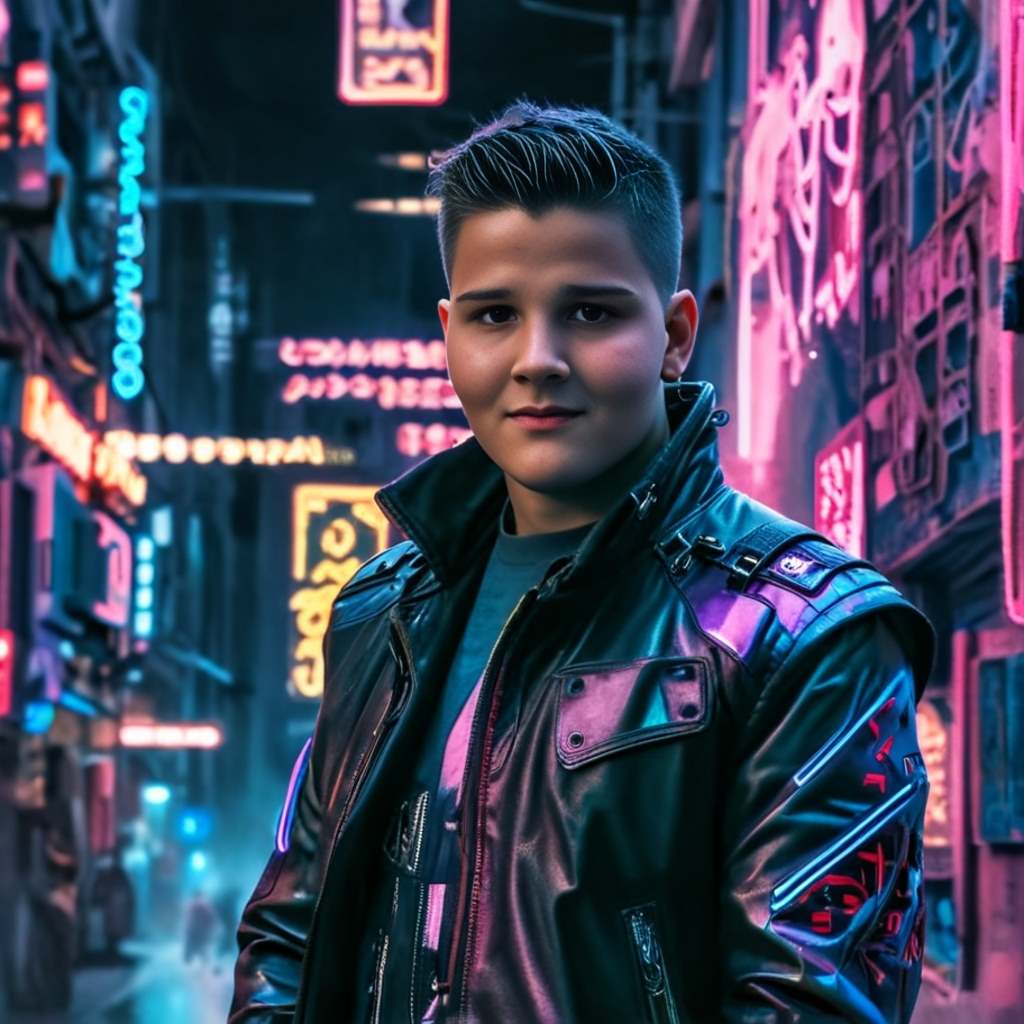 Personalized portrait  of a boy dressed as a cyberpunk hero, with neon lights and futuristic gear.