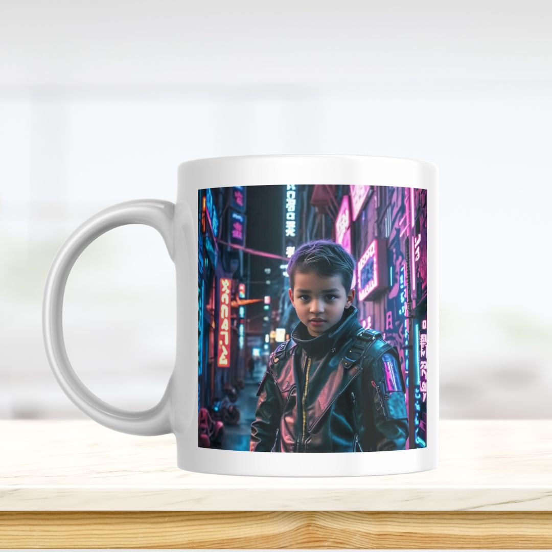 Example of how to upload a toddler boy's photo to create a personalized cyberpunk hero portrait on a mug, featuring him dressed in futuristic gear with neon highlights, ready for a digital adventure.