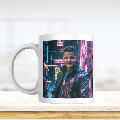 Example of how to upload a boy's photo to create a personalized cyberpunk hero portrait on a mug, featuring him dressed in futuristic gear with neon highlights, ready for a digital adventure.