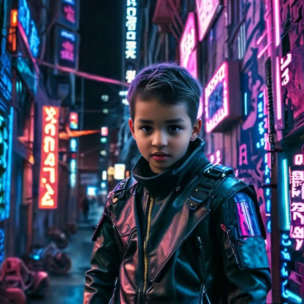 Personalized portrait of a toddler boy dressed as a cyberpunk hero, with neon lights and futuristic gear.