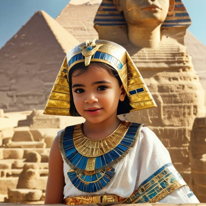 Personalized portrait of a toddler girl dressed as an Egyptian princess in royal attire with a majestic background