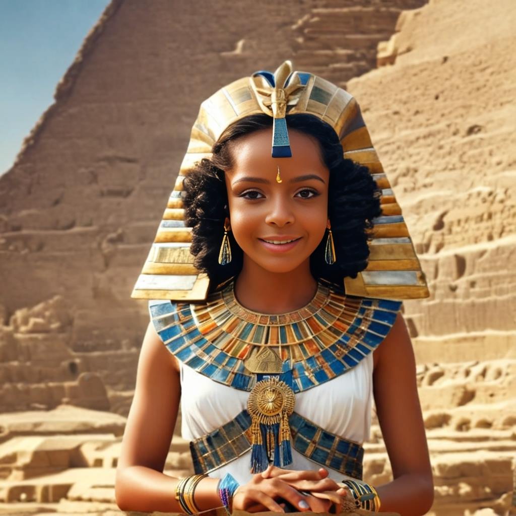 Personalized portrait of a girl dressed as an Egyptian princess in royal attire with a majestic background