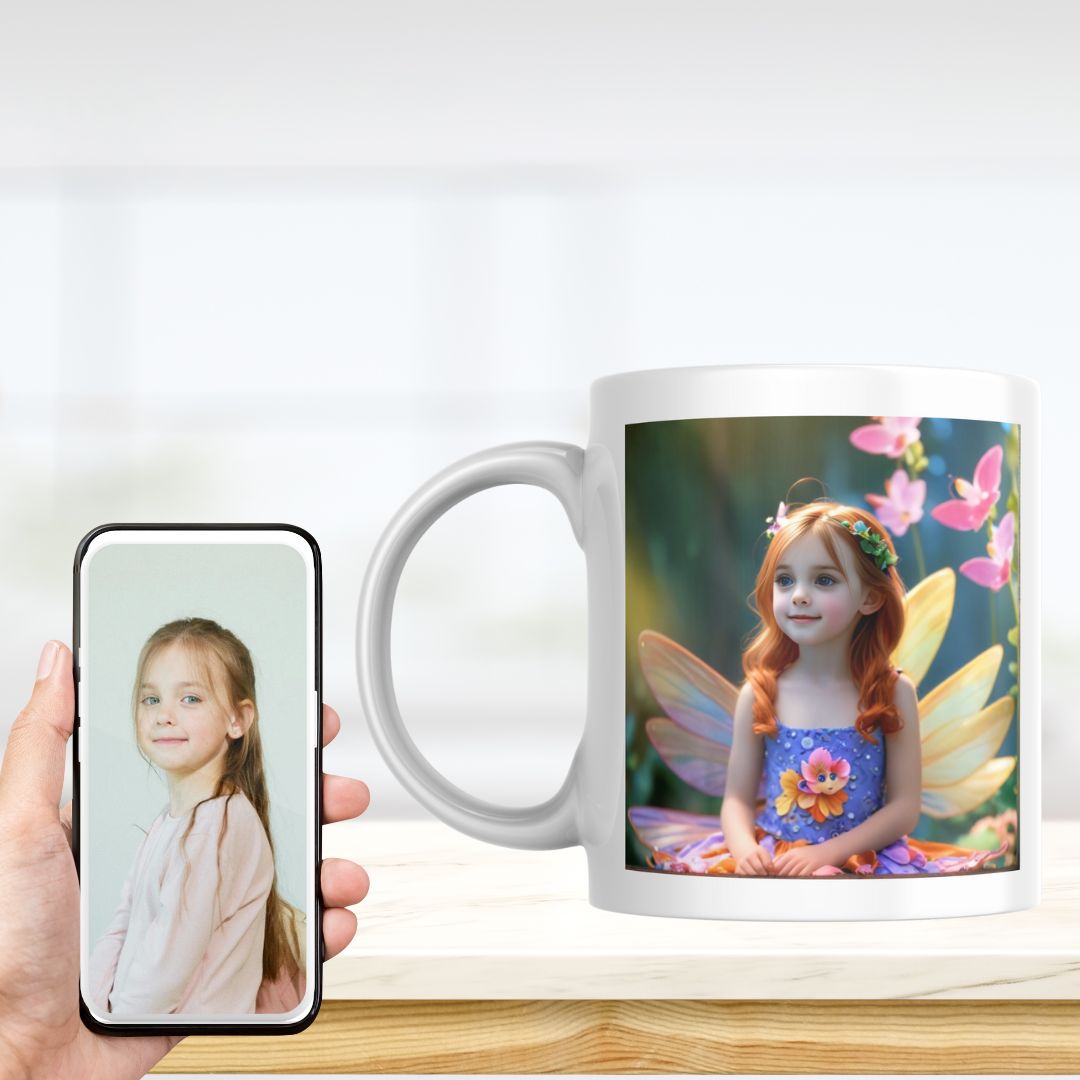 Example of how to upload a girl's photo to create a personalized fairy portrait on a mug featuring her as a fairy in an enchanted forest