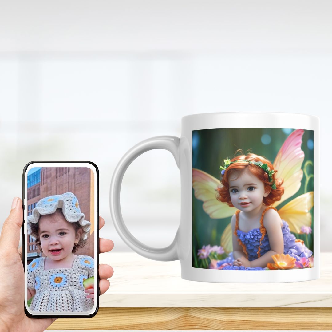 Example of how to upload a toddler girl's photo to create a personalized fairy portrait on a mug featuring her as a fairy in an enchanted forest