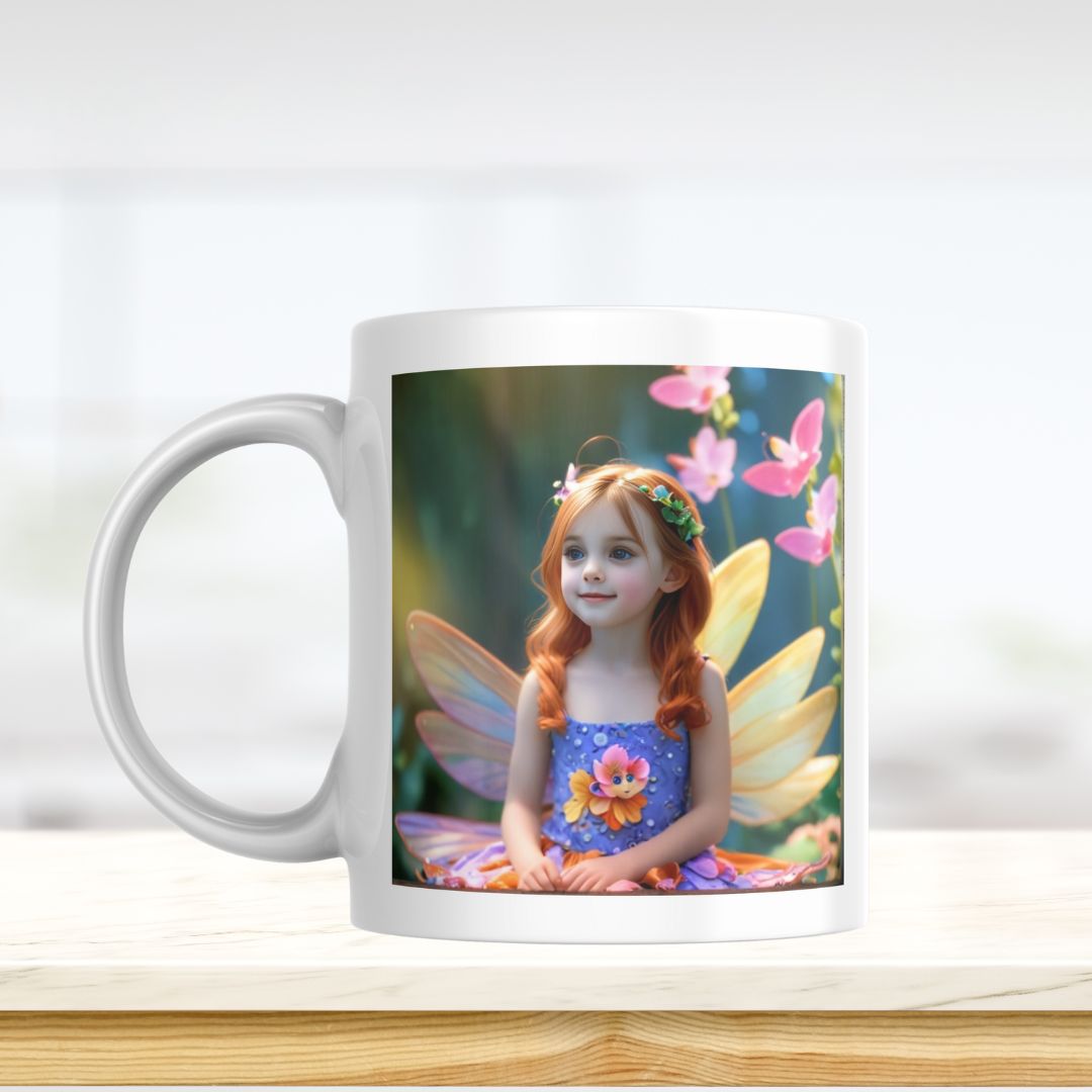 Example of how to upload a girl's photo to create a personalized fairy portrait on a mug featuring her as a fairy in an enchanted forest