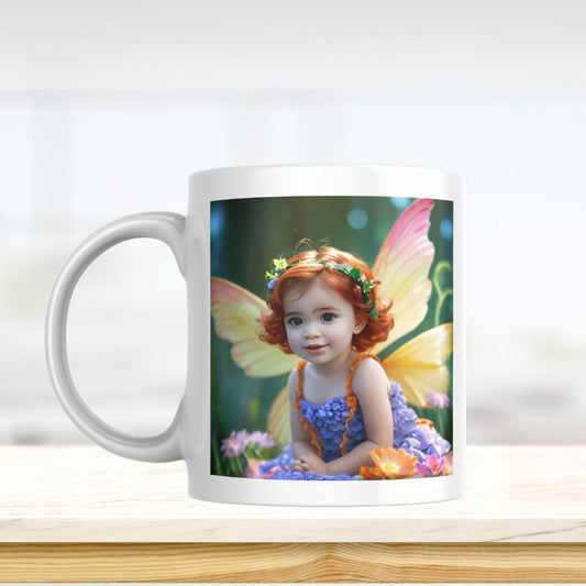 Example of how to upload a toddler girl's photo to create a personalized fairy portrait on a mug featuring her as a fairy in an enchanted forest