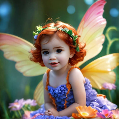 Personalized portrait of a toddler girl dressed as a fairy in an enchanted forest.