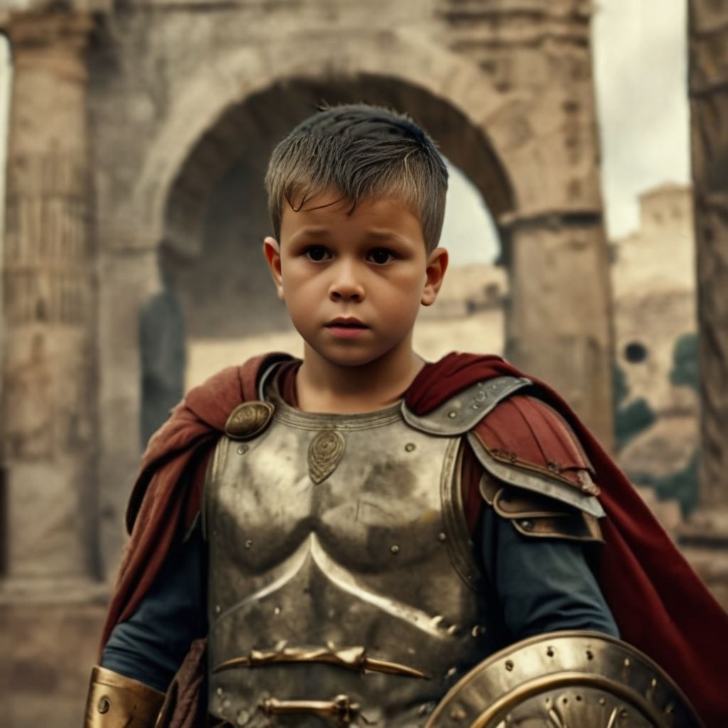 Personalized portrait of a boy dressed as a gladiator in a Roman coliseum