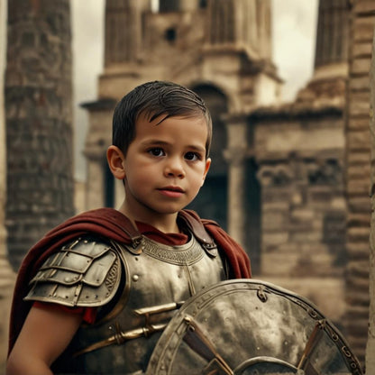 Personalized portrait of a toddler boy dressed as a gladiator in a Roman coliseum