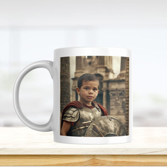 Example of how to upload a toddler boy's photo to create a personalized gladiator portrait on a mug featuring him dressed as a gladiator in a Roman coliseum