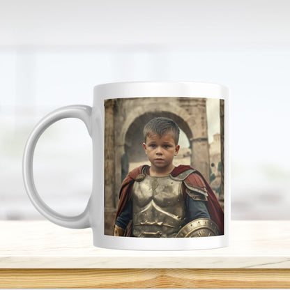 Example of how to upload a boy's photo to create a personalized gladiator portrait on a mug featuring him dressed as a gladiator in a Roman coliseum