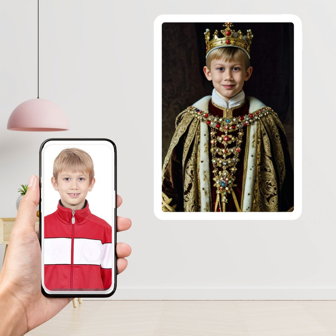 Example of how to upload a boy's photo to create a personalized king portrait on a canvas, featuring him dressed as a king on a grand throne