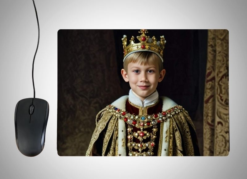 Example of how to upload a boy's photo to create a personalized King portrait on a mouse mat featuring him wearing a majestic crown and royal robes, standing in front of a grand palace with towering pillars and a glowing throne