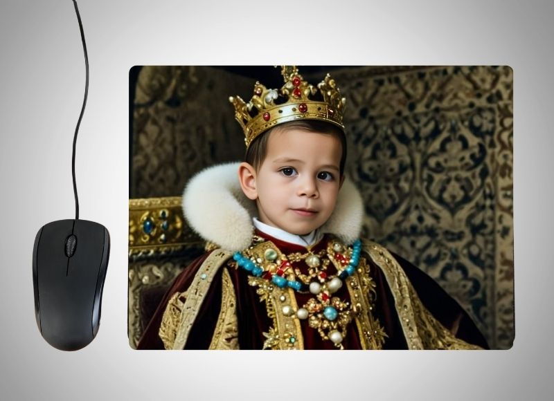 Example of how to upload a toddler boy's photo to create a personalized King portrait on a mouse mat featuring him wearing a majestic crown and royal robes, standing in front of a grand palace with towering pillars and a glowing throne