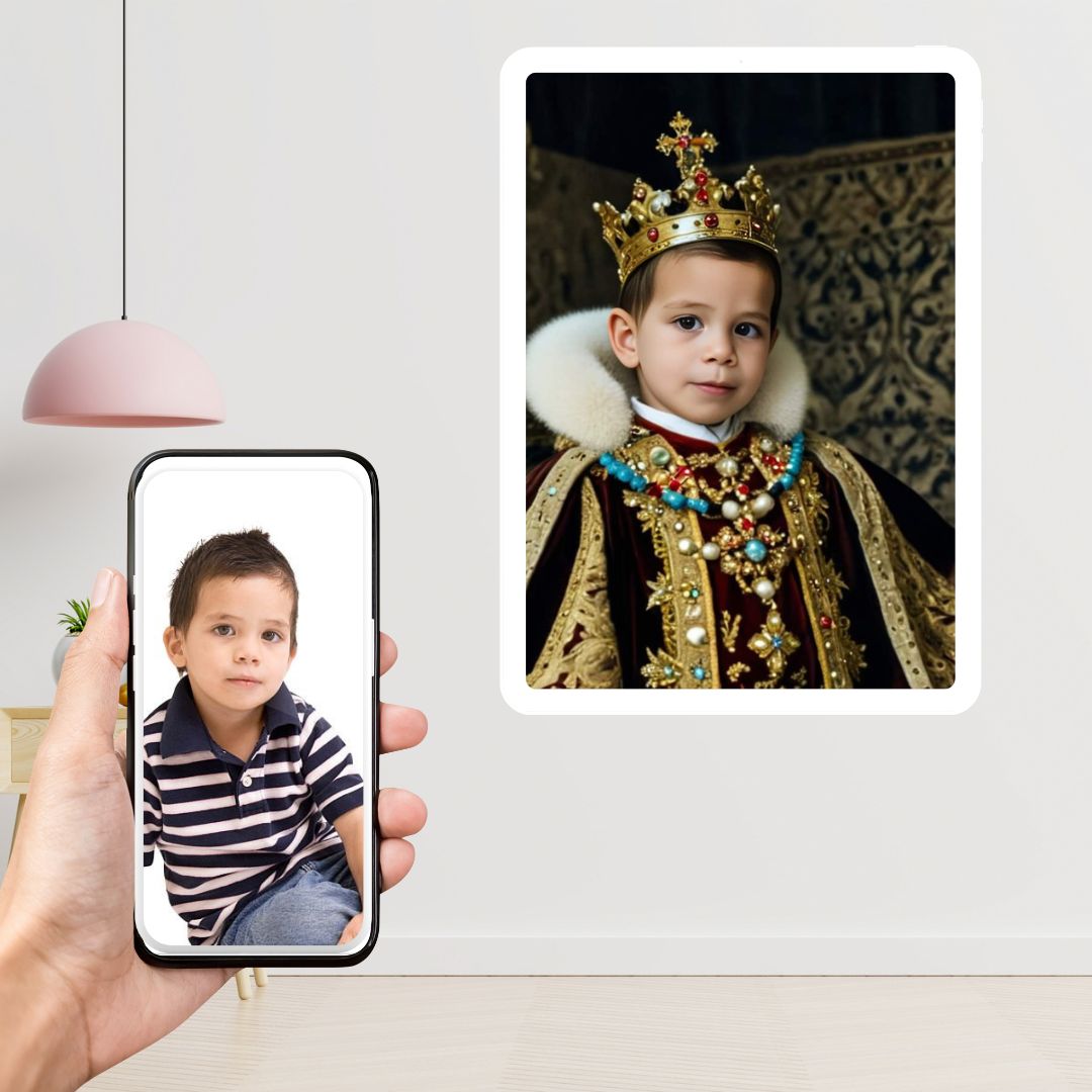 Example of how to upload a toddler boy's photo to create a personalized king portrait on a canvas, featuring him dressed as a king on a grand throne