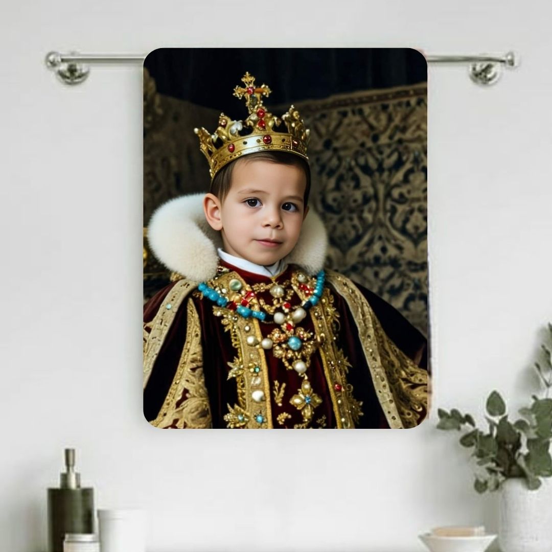 Example of how to upload a toddler boy's photo to create a personalized king portrait on a towel featuring him dressed as a royal king in a majestic castle setting