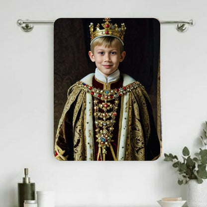 Example of how to upload a boy's photo to create a personalized king portrait on a towel featuring him dressed as a royal king in a majestic castle setting