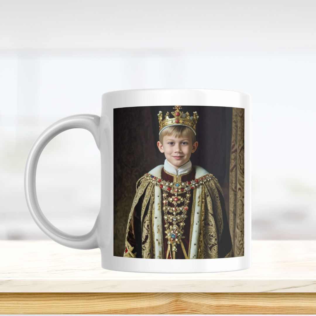 Example of how to upload a boy's photo to create a personalized king portrait on a mug featuring him dressed as a royal king in a majestic castle setting