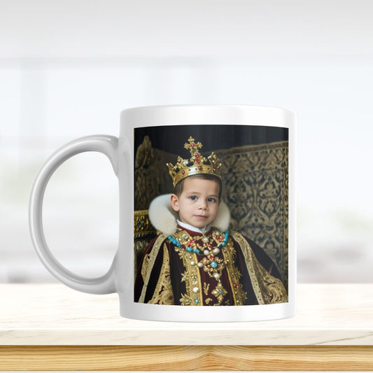 Example of how to upload a toddler boy's photo to create a personalized king portrait on a mug featuring him dressed as a royal king in a majestic castle setting