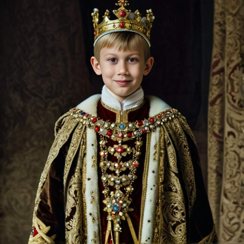 Personalized portrait of a boy dressed as a king on a grand throne.