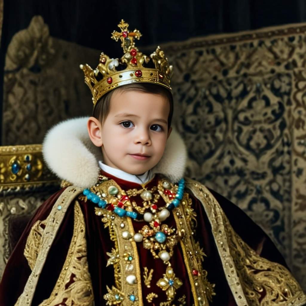 Personalized portrait of a toddler boy dressed as a king on a grand throne.