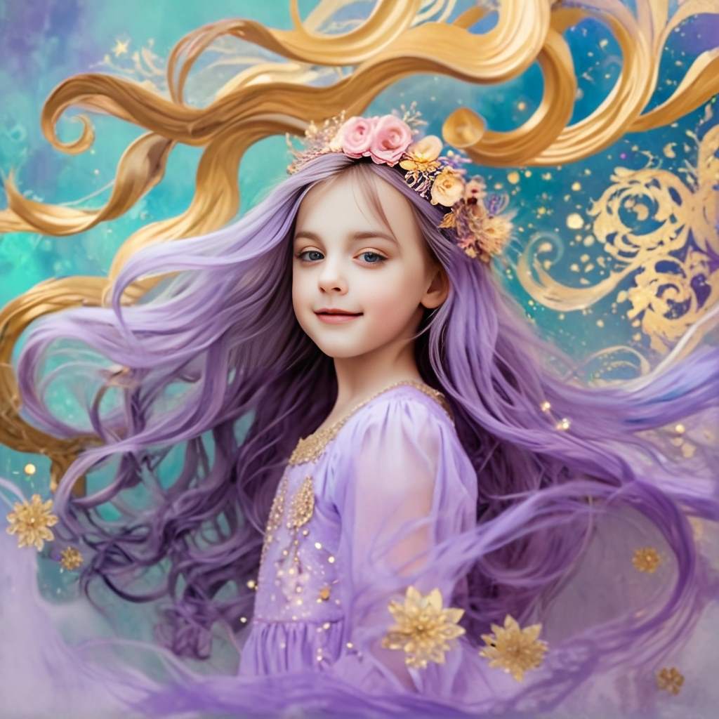 Personalized portrait of a girl dressed as a lavender princess in an enchanted castle