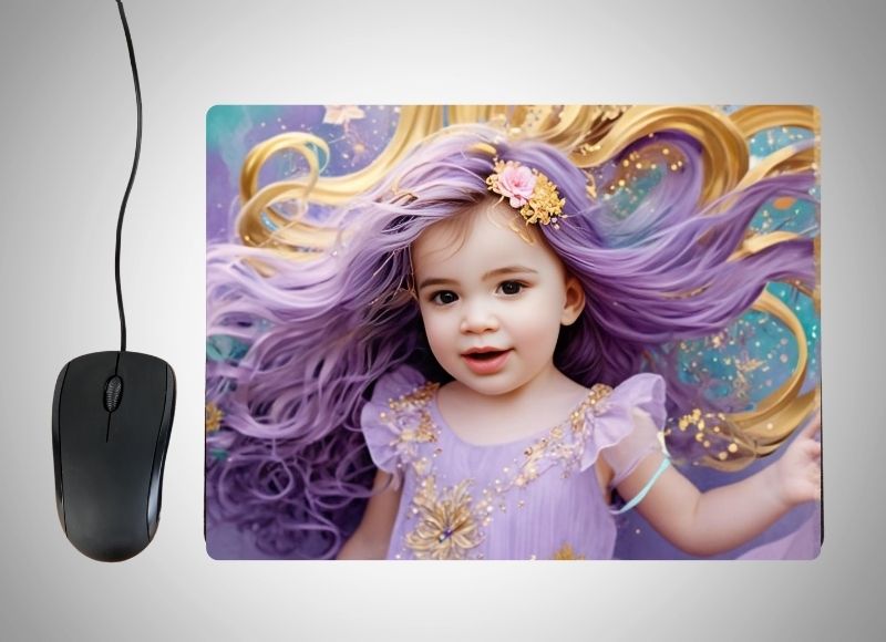 Example of how to upload a toddler girl's photo to create a personalized Lavender Princess portrait on a mouse mat featuring her as a graceful princess in a lavender gown, surrounded by blooming flowers and a dreamy castle background