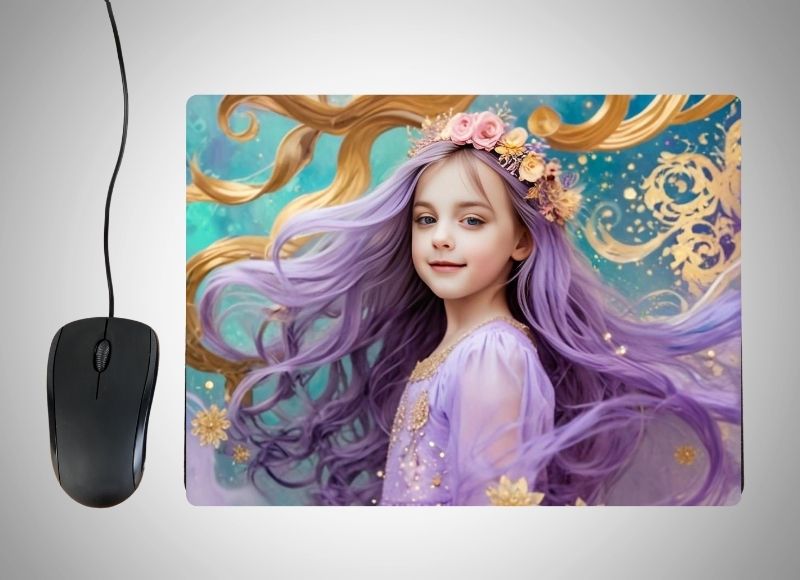 Example of how to upload a girl's photo to create a personalized Lavender Princess portrait on a mouse mat featuring her as a graceful princess in a lavender gown, surrounded by blooming flowers and a dreamy castle background