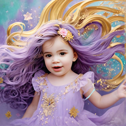 Personalized portrait of a toddler girl dressed as a lavender princess in an enchanted castle