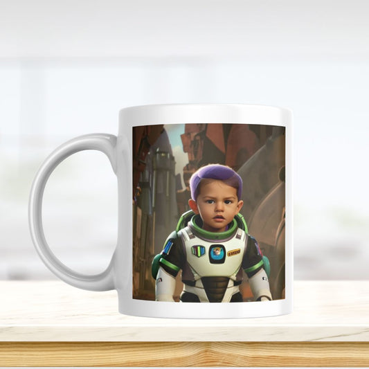 Example of how to upload a toddler boy's photo to create a personalized Buzz Lightyear portrait on a mug, featuring him dressed as Buzz, ready for an intergalactic adventure