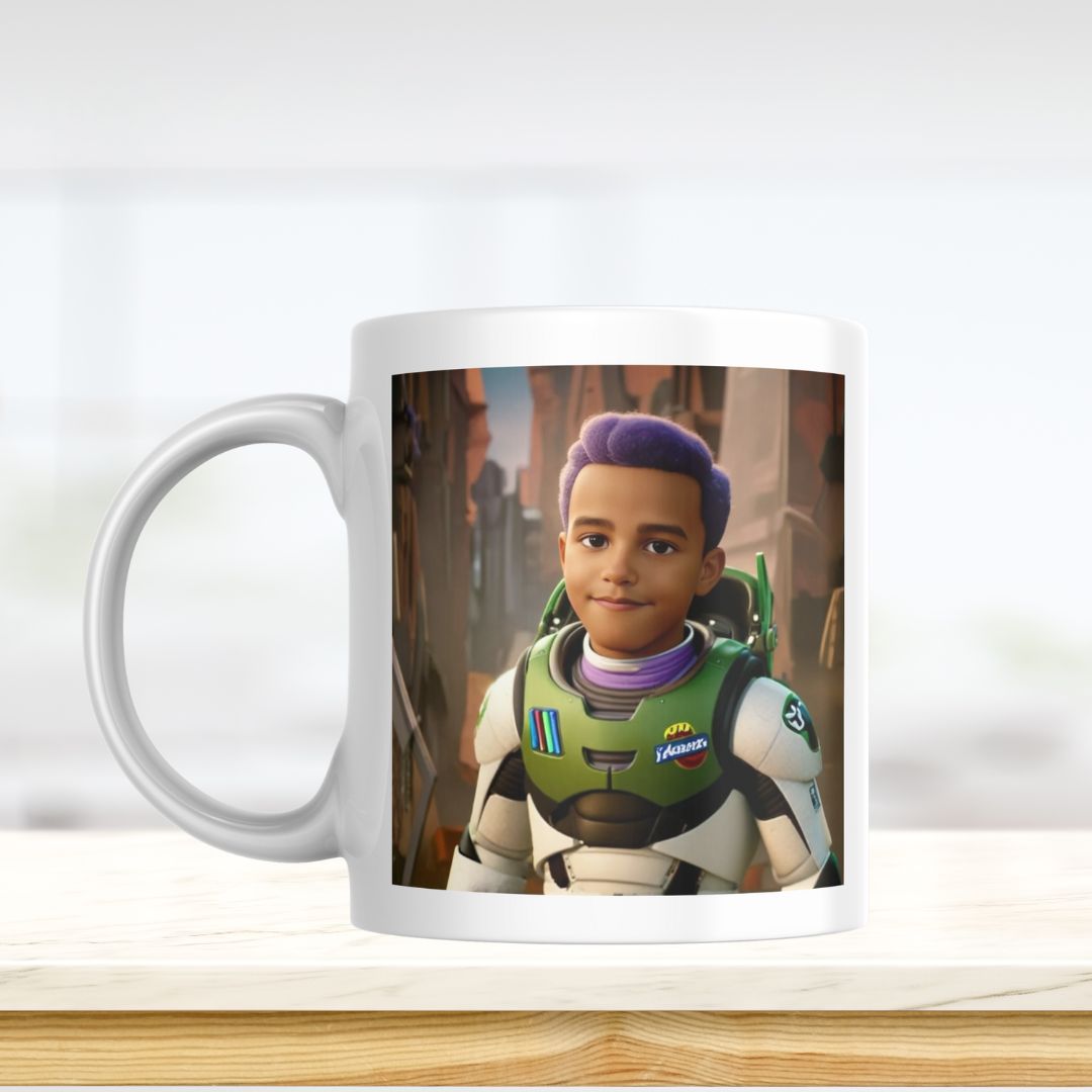 Example of how to upload a boy's photo to create a personalized Buzz Lightyear portrait on a mug, featuring him dressed as Buzz, ready for an intergalactic adventure