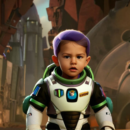 Personalized portrait of a toddler boy dressed as Buzz Lightyear, ready to explore the galaxy