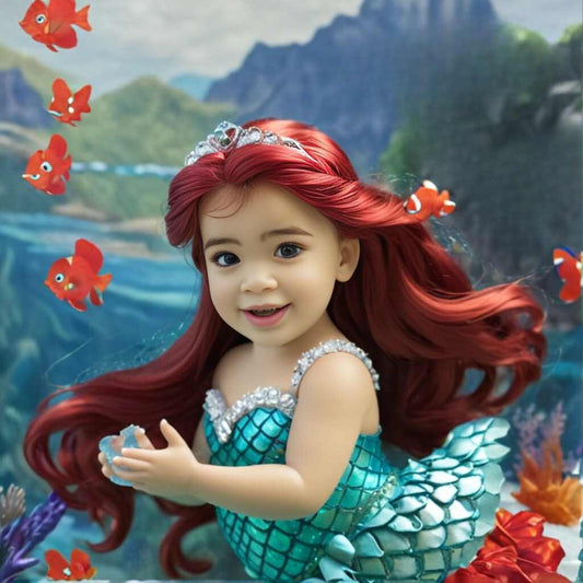 Personalized portrait of a toddler girl dressed as a mermaid sitting on a rock with an underwater ocean backdrop